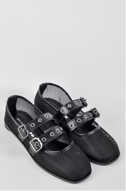 Балетки чорні з сітчастим верхом та з декоративними ремінцями великих розмірів