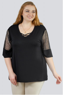 Блуза чорна з рукавами із мережива великих розмірів