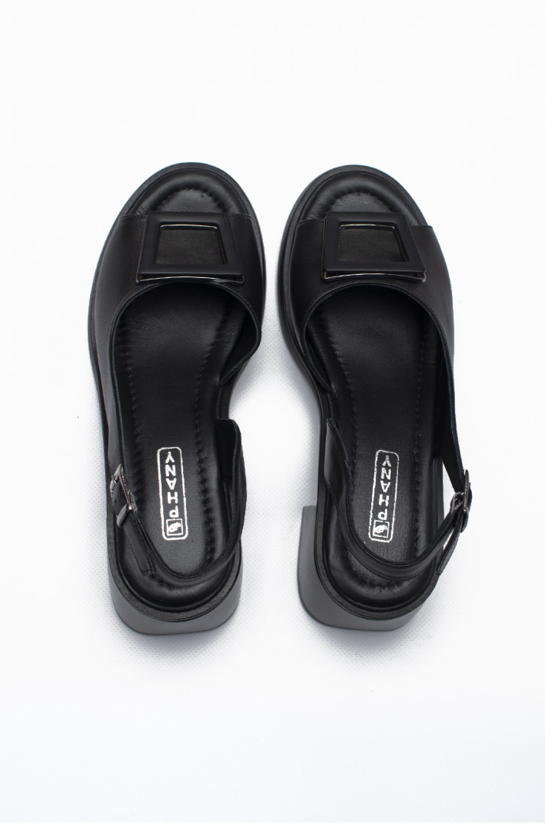 Черные кожаные босоножки на устойчивых каблуках больших размеров