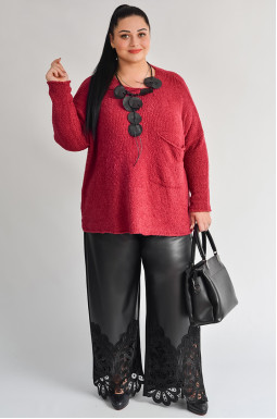 Широкие черные брюки из комбинированных тканей и кружевом по низу больших размеров