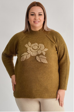 Свитер с рельефным цветком контрастного цвета больших размеров