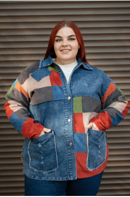 Куртка джинсовая с цветными вязаными вставками батал