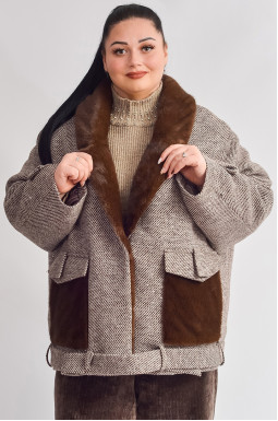 Кашемировая куртка с поясом и контрастным экомехом больших размеров