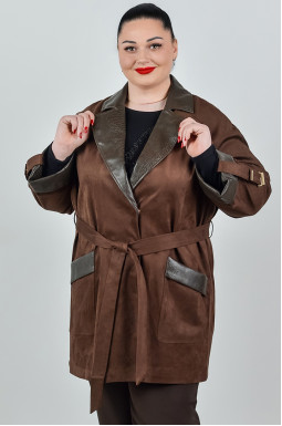 Куртка-жакет в шоколадному кольорі з поясом та акцентним принтом великих розмірів