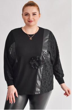 Длинная блуза с сочетанием фактур и объемным цветком больших размеров