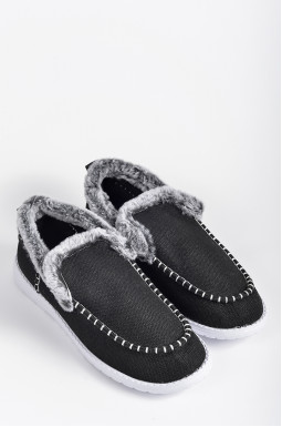 Мокасини чорні з білою строчкою та сірим екохутром великих розмірів