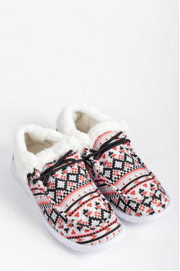 Мокасини текстильні з геометричним принтом і екохутром великих розмірів