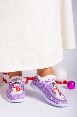 Текстильні мокасини з зимовим принтом та екохутром великих розмірів