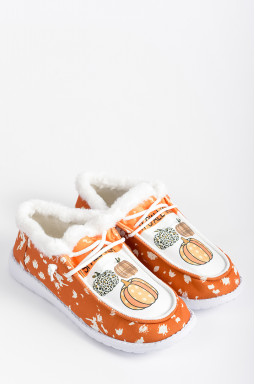 Мокасини текстильні з осіннім принтом і екохутром великих розмірів