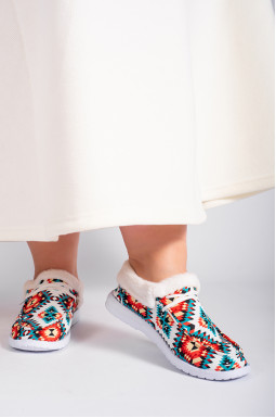 Мокасини з етнічним принтом і екохутром великих розмірів