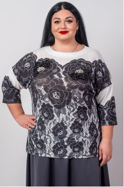 Блуза довга з контрастним флористичним принтом великих розмірів