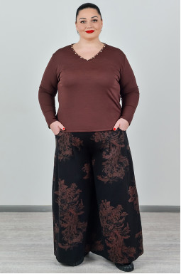 Брюки-юбка в черном цвете с коричневым орнаментом больших размеров