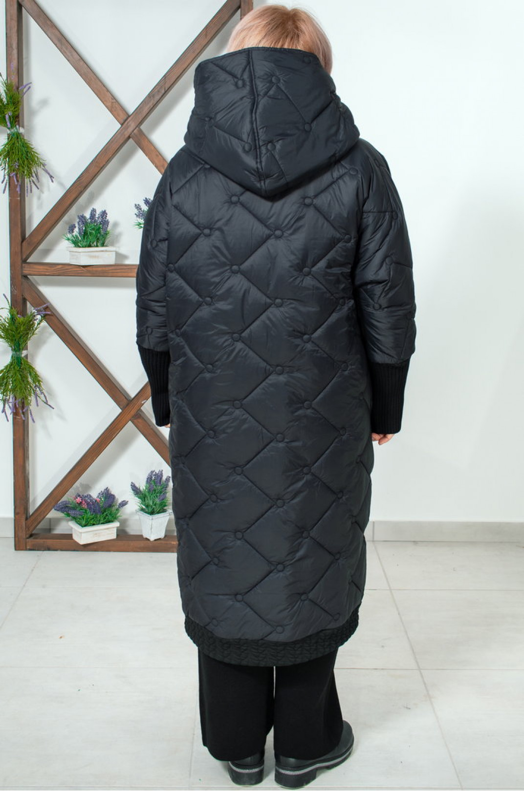 Длинное стеганное пальто с вязаными вставками супер батал