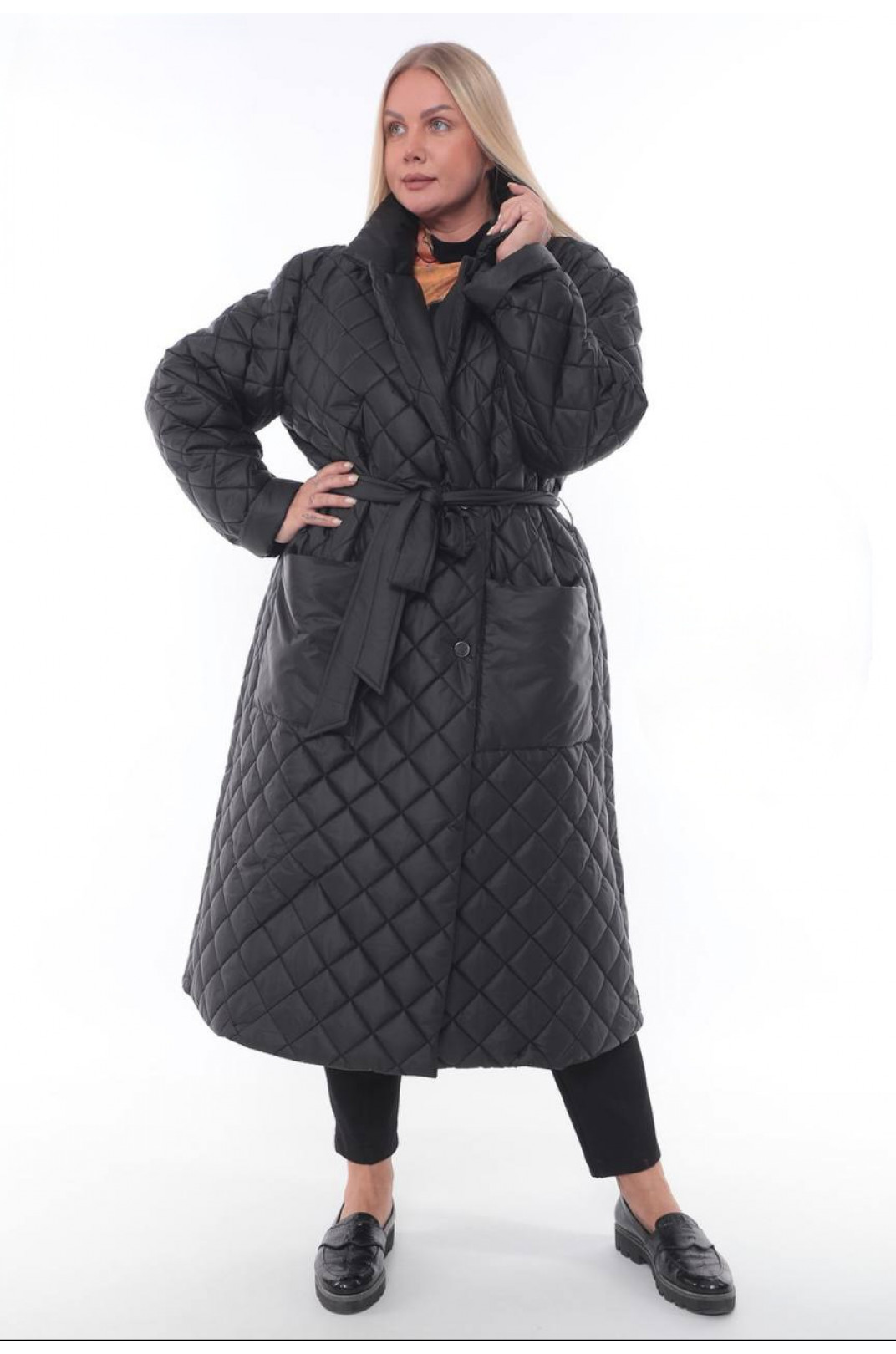 Стильное стеганное пальто холлофайбер с поясом супер батал