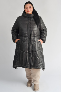 Графитовое пальто с капюшоном и фиксатором на талии больших размеров