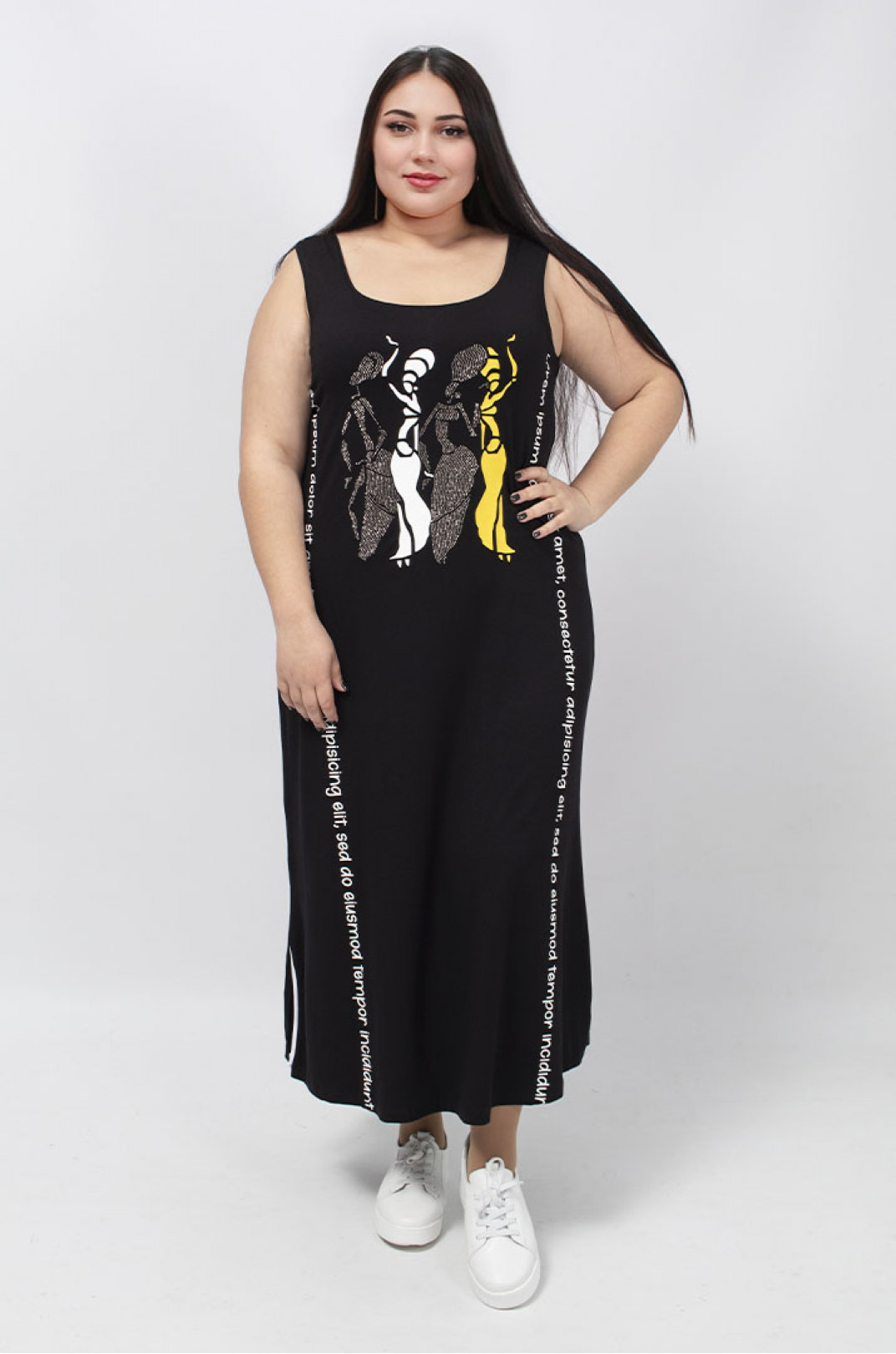 Сарафан-сукня з вертикальними написами, стразами та розрізами батал
