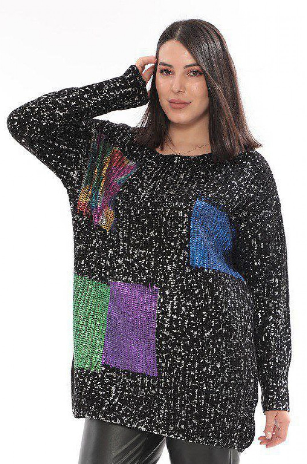 Длинный тёплый свитер с разноцветными вставками батал