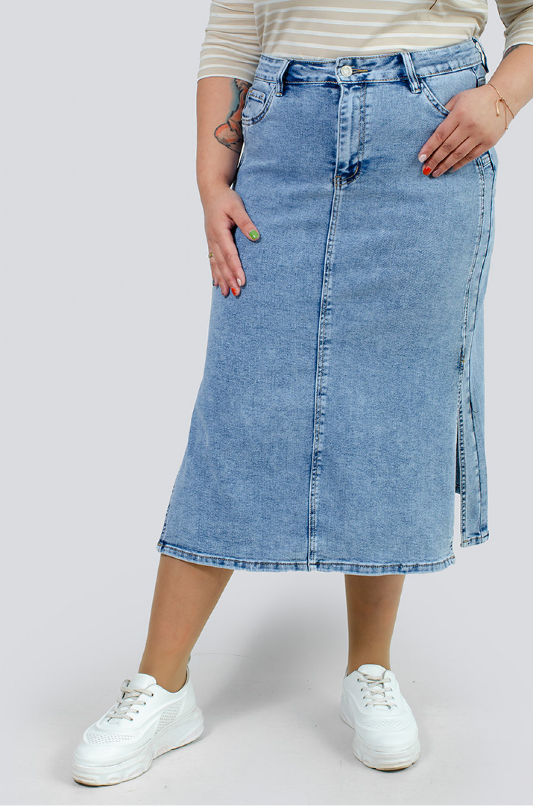 Джинсовая юбка миди с разрезами больших размеров