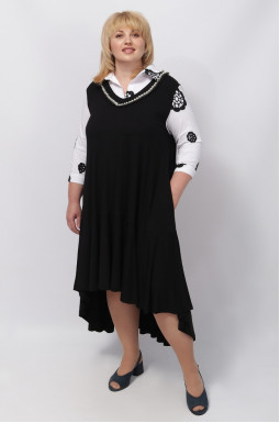 Черно-белое трикотажное платье с вышитыми цветами и жемчугом батал