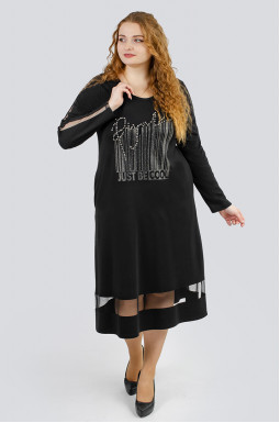 Элегантное черное платье со вставками из сетки и стразами больших размеров