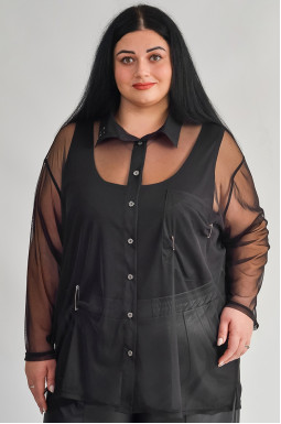 Чорна туніка-сорочка з прозорої сітки великих розмірів