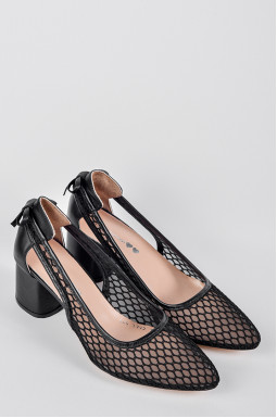 Чорні туфлі-лодочки з бантиком і сітчастим верхом великих розмірів