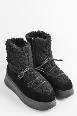 Зимові черевики з фактурним хутром в чорному кольорі великих розмірів