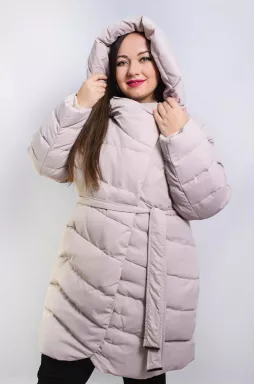 Світле стьобане пальто з поясом батал