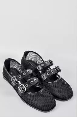 Балетки черные с сетчатым верхом и декоративными ремешками больших размеров