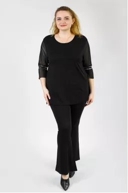 Блуза довга чорна з мереживом і сіткою супер батал