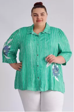 Блуза довга зеленого кольору в білу смужку великих розмірів