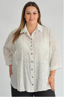 Блуза молочного кольору з принтом у горошок великих розмірів