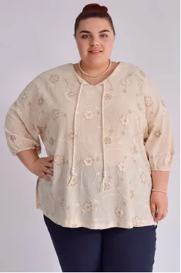 Кремова блуза з вишивкою та зав'язками великих розмірів