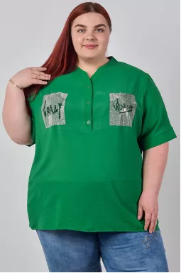 Блуза з фактурної жатої тканини та зі стразами великих розмірів