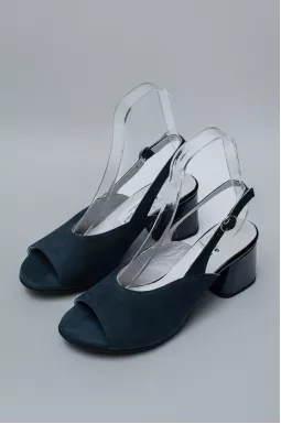 Темно-сині босоніжки з нубуку на стійких підборах великих розмірів