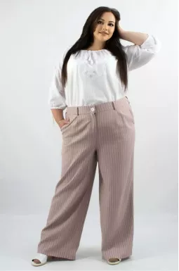 Льняные широкие брюки в полоску батал