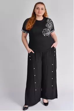 Брюки палаццо черного цвета с декоративными пуговицами больших размеров