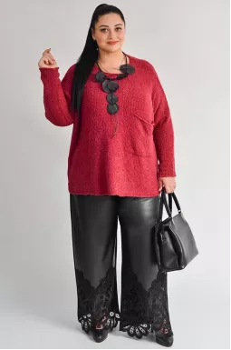 Широкие черные брюки из комбинированных тканей и кружевом по низу больших размеров