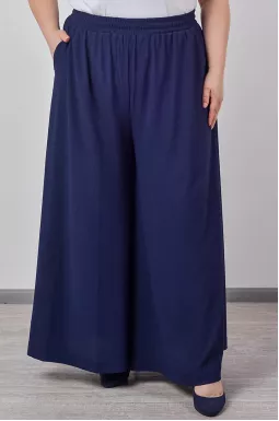 Брюки палаццо в темно-синьому кольорі з фактурної тканини великих розмірів