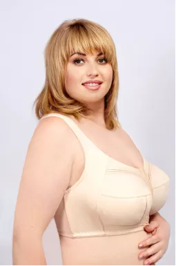 Бежевый хлопковый бюстгальтер с застежками впереди больших размеров