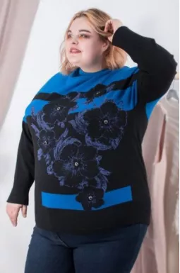 Джемпер двокольоровий з квітами батал
