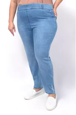 Світлі джинси декоровані написом і блискітками батал