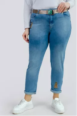 Джинси завужені з прикрасою і поясом великих розмірів