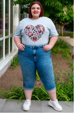 Капрі джинсові з орнаментом зі стразів великих розмірів