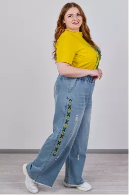 Джинси широкі в блакитному кольорі з вишивкою великих розмірів