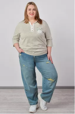 Джинсы бананы с боковой молнией и декоративными потертостями больших размеров