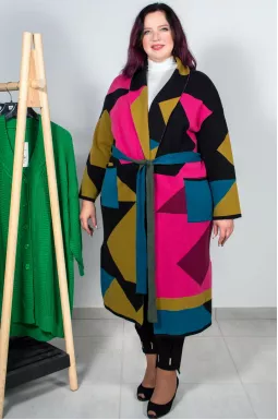 Длинный разноцветный кардиган с поясом батал