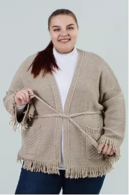 Кардиган короткий в'язаний з поясом і тороками супер батал