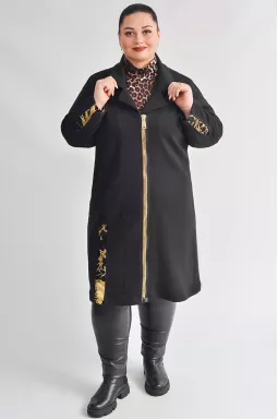 Черный трикотажный кардиган с золотистыми акцентами больших размеров