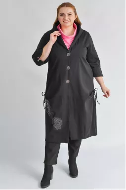 Черный длинный кардиган с цветочным декором и боковыми завязками больших размеров